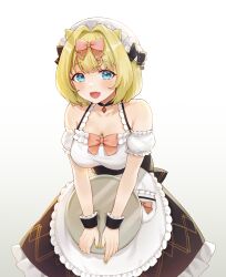 Rule 34 | 1girl, :d, apron, bare shoulders, black bow, black skirt, blonde hair, blue eyes, blush, bow, breasts, brown dust 2, detached sleeves, fang, frilled apron, frills, hair bow, hair intakes, hat, hat bow, highres, holding, holding tray, looking at viewer, medium breasts, mob cap, nail polish, noixen, open mouth, pink bow, puffy short sleeves, puffy sleeves, short hair, short sleeves, simple background, skirt, smile, solo, tray, white apron, white background, white hat, wrist cuffs, yellow nails