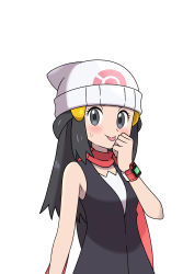 Rule 34 | 1girl, asatsuki (fgfff), beanie, black hair, blush, bracelet, clenched hand, closed mouth, commentary request, creatures (company), dawn (pokemon), eyelashes, game freak, grey eyes, hair ornament, hairclip, hand up, hat, highres, jewelry, long hair, nintendo, pokemon, pokemon dppt, red scarf, scarf, shirt, simple background, sleeveless, sleeveless shirt, smile, solo, sweatdrop, tongue, tongue out, white background, white hat