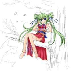 Rule 34 | 1girl, anklet, antenna hair, arm support, belt, blue eyes, blush, china dress, chinese clothes, dress, drill hair, green hair, high heels, hoshi umi, in tree, jewelry, leaf, liu meifeng, long hair, outdoors, shoes, shuraki, sitting, sitting in tree, sketch, solo, tree, twintails, very long hair