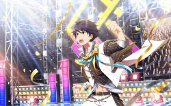 Rule 34 | 1boy, ahoge, blue eyes, blue hair, buttons, clenched hands, confetti, fingernails, headset, high collar, highres, idol, idolmaster, idolmaster side-m, idolmaster side-m live on stage!, navel, official art, open mouth, stage lights, streamers, taiga takeru, teeth, upper teeth only