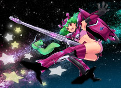 Rule 34 | 1girl, ai-kun, alternate costume, armpits, ass, black gloves, breasts, cero (cerocero), cosplay, crop top, gloves, green hair, macross, macross frontier, macross frontier: itsuwari no utahime, open mouth, pink eyes, ranka lee, short hair, short shorts, shorts, small breasts, smile, space, thighs, vf-27, vf-27 (cosplay)