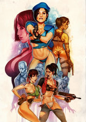 Rule 34 | 5boys, 5girls, ada wong, aiming, aiming at viewer, armband, armor, ass, back, bad link, bald, bare arms, beret, black gloves, black shirt, blue eyes, blue hat, blue panties, breasts, brown gloves, brown hair, brown panties, calico light weapons systems, calico m100p, capcom, cheek pistol, claire redfield, cleavage, cleavage cutout, clothing cutout, collar, commentary, dark skin, darkdux, denim, denim vest, double-stack magazine, dress, earrings, elbow gloves, fanny pack, fingerless gloves, fingernails, from behind, gloves, green collar, green shirt, groin, gun, hand on own hip, handgun, harness, hat, headband, helical magazine, high-capacity magazine, hip focus, holding, holding gun, holding weapon, hoop earrings, jacket, jeans, jewelry, jill valentine, leg holster, looking at another, looking at viewer, looking to the side, multiple boys, multiple girls, navel, neck ring, open mouth, panties, pants, parted lips, pauldrons, pistol, police, police uniform, policewoman, ponytail, realistic, rebecca chambers, red dress, red headband, red jacket, resident evil, resident evil 2, resident evil 5, revolver, rifle, sheva alomar, shirt, short hair, short ponytail, short sleeves, shoulder armor, sideboob, signature, standing, teeth, torn clothes, torn jeans, torn pants, torn shirt, underboob, underwear, uniform, weapon, white panties, zombie