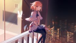 Rule 34 | 1girl, amari, balcony, black legwear, blonde hair, blue eyes, capelet, city, city lights, closed mouth, dress, highres, looking at viewer, medium hair, necktie, night, original, red ribbon, ribbon, sitting, solo, television, white capelet, white dress