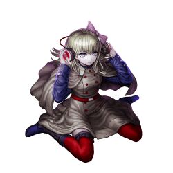 Rule 34 | 1girl, belt, blunt bangs, boots, breasts, closed mouth, coat, frown, grey eyes, hair ornament, hairclip, headphones, insignia, komatsuzaki rui, long sleeves, looking at viewer, master detective archives: rain code, official art, pink ribbon, pucci lavmin, red belt, ribbon, short hair, sitting, small breasts, thighhighs, thighs, white background, zettai ryouiki