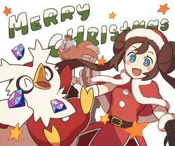 Rule 34 | 1boy, 1girl, :d, belt, blue eyes, blush stickers, bright pupils, brown hair, buttons, capelet, commentary, creatures (company), delibird, double bun, eyelashes, floating hair, fur-trimmed capelet, fur-trimmed headwear, fur trim, game freak, gem, gen 2 pokemon, hair bun, hat, long hair, merry christmas, nintendo, octillery, official alternate costume, open mouth, pokemon, pokemon (creature), pokemon masters ex, red capelet, red headwear, rosa (holiday 2019) (pokemon), rosa (pokemon), sack, santa hat, siebold (holiday 2019) (pokemon), siebold (pokemon), smile, ssalbulre, star (symbol), tongue, white pupils