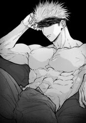 Rule 34 | 1boy, abs, blindfold, blindfold lift, blue eyes, cowboy shot, gojou satoru, jujutsu kaisen, male focus, muscular, muscular male, nay bb, pants, parted lips, pectorals, short hair, solo, spiked hair, spot color, spread legs, topless male