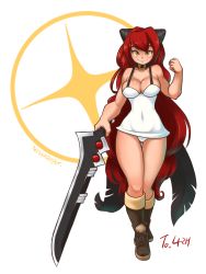 Rule 34 | 00s, 1girl, bare shoulders, boots, breasts, cleavage, collar, curvy, dress, dungeon and fighter, female slayer (dungeon and fighter), full body, horns, knee boots, large breasts, crossed legs, long hair, nestkeeper, orange eyes, panties, pantyshot, red hair, short dress, smile, solo, standing, sword, thigh gap, thighs, underwear, very long hair, weapon, white dress, white panties, wide hips
