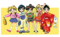 Rule 34 | 1990s (style), 5girls, aged down, aino minako, barefoot, bishoujo senshi sailor moon, black eyes, black hair, blonde hair, blue eyes, blue hair, blue skirt, bow, briefcase, brown hair, casual, child, double bun, dress, earrings, fan print, floral print, green eyes, grin, hair bobbles, hair bow, hair bun, hair ornament, highres, hino rei, holding, holding briefcase, japanese clothes, jewelry, kimono, kino makoto, long hair, looking back, miniskirt, mizuno ami, mouse print, multiple girls, official art, open mouth, pink footwear, pleated skirt, retro artstyle, sandals, scan, short hair, shorts, skirt, slippers, smile, standing, stud earrings, sundress, tsukino usagi, twintails, umbrella print, updo, wide sleeves