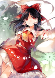 Rule 34 | 1girl, ascot, bare shoulders, black hair, bow, brown eyes, closed mouth, commentary request, detached sleeves, feet out of frame, frilled skirt, frills, hair bow, hakurei reimu, highres, japanese clothes, kutsuki kai, long hair, nontraditional miko, red bow, red skirt, ribbon-trimmed sleeves, ribbon trim, sidelocks, skirt, solo, touhou, unfinished dream of all living ghost, white sleeves, wide sleeves, yellow ascot