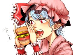 Rule 34 | 1girl, asaigai suzushi, blouse, blue hair, burger, cheese, eating, eyelashes, fangs, female focus, fingernails, food, hat, hat ribbon, highres, index finger raised, lettuce, mob cap, nail polish, nose, pinky out, pointy ears, red eyes, remilia scarlet, ribbon, shinsei suzushi mayuge, shirt, short hair, simple background, solo, tomato, tongue, touhou, upper body, white background, wrist cuffs