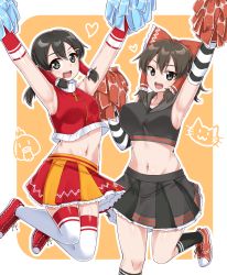Rule 34 | 2girls, armpits, bare shoulders, black eyes, black hair, black skirt, black socks, blush, border, bow, breasts, brown eyes, brown hair, cheerleader, cili (cookie), collarbone, cookie (touhou), crop top, gnzy, hair bow, hair ornament, hair tubes, hairclip, hakurei reimu, happy, heart, highres, jumping, kneehighs, large breasts, looking at viewer, maru (cookie), midriff, miniskirt, multicolored clothes, multicolored skirt, multiple girls, navel, open mouth, outline, outside border, petticoat, pleated skirt, pom pom (cheerleading), red bow, red footwear, red skirt, shoes, skirt, sleeveless, smile, sneakers, socks, thighhighs, touhou, white border, white legwear, white outline, yellow background, yellow skirt, zettai ryouiki
