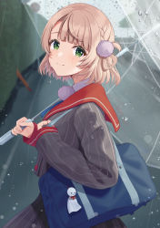 Rule 34 | bag, braid, closed mouth, crying, crying with eyes open, from side, green eyes, grey jacket, happy tears, highres, holding, holding umbrella, indie virtual youtuber, jacket, light brown hair, long sleeves, okachi yuu, pinstripe jacket, pinstripe pattern, pinstripe skirt, rain, red sailor collar, sailor collar, school bag, shigure ui (vtuber), shigure ui (vtuber) (1st costume), shirt, short hair, smile, striped clothes, striped jacket, striped shirt, tears, umbrella, vertical-striped clothes, vertical-striped jacket, vertical-striped shirt, virtual youtuber