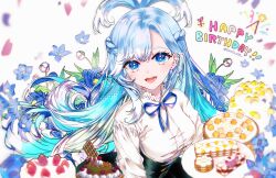 Rule 34 | 1girl, absurdres, alternate costume, blue eyes, blue hair, blue ribbon, blush, braid, cake, colored tips, commentary, earclip, earrings, english commentary, flower, food, french braid, half updo, happy birthday, high-waist skirt, high ponytail, highres, holding, holding tray, hololive, hololive indonesia, jewelry, kobo kanaeru, long hair, long sleeves, looking at viewer, multicolored hair, neck ribbon, open mouth, ribbon, ringed eyes, shirt, skirt, smile, solo, sowon, split ponytail, tray, two-tone hair, upper body, virtual youtuber, white hair, white shirt