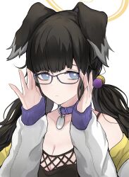 Rule 34 | 1girl, adjusting eyewear, animal ears, bare shoulders, bespectacled, black camisole, black hair, blue archive, breasts, camisole, cleavage, collar, commentary request, dog ears, dog girl, dog tags, expressionless, glasses, hair bobbles, hair ornament, halo, hands up, hibiki (blue archive), highres, jacket, long hair, long sleeves, mitsumoto amata, multicolored clothes, multicolored jacket, open clothes, open jacket, purple-framed eyewear, purple collar, purple eyes, simple background, solo, twintails, upper body, white background, white jacket, yellow halo, yellow jacket