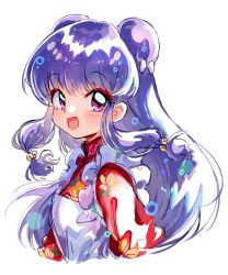 1girl apron bell bow chinese_clothes double_bun floral_print hair_bell hair_bow hair_bun hair_ornament highres long_hair looking_at_viewer maid_apron open_mouth purple_hair ranma_1/2 red_shirt shampoo_(ranma_1/2) shirt sidelocks simple_background smile syukonbu white_apron white_background white_bow