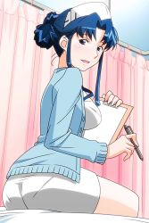 1girl ass blue_eyes blue_hair clipboard female_focus fujiwara_aya hat holding holding_pen long_hair long_sleeves looking_at_viewer non-web_source nurse_cap official_art open_mouth pantyhose pantylines pen sidelocks sitting solo super_real_mahjong tanaka_ryou updo white_pantyhose