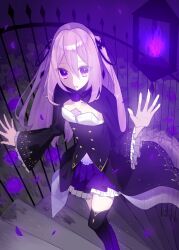 Rule 34 | 1girl, black skirt, black thighhighs, copyright request, feet out of frame, fence, fire, flower, frills, hands up, highres, long hair, long sleeves, petals, pleated skirt, purple fire, purple flower, purple hair, purple rose, purple theme, rose, skirt, solo, stairs, thighhighs, yomiya sateko