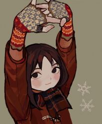 Rule 34 | 1girl, arms up, azumanga daiou, brown coat, brown eyes, brown hair, casual, coat, cracking knuckles, fingerless gloves, gloves, green background, io (onisarashi), kasuga ayumu, knit gloves, light smile, long hair, plaid, plaid scarf, scarf, simple background, smile, snowflakes, solo, winter, winter clothes, winter coat