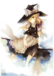 Rule 34 | 1girl, blonde hair, broom, broom riding, female focus, gradient background, hat, highres, kirisame marisa, long hair, motoko (fe25), solo, star (symbol), touhou, white background, witch, witch hat, yellow eyes