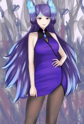 Rule 34 | 1girl, blue fire, brighid (xenoblade), dress, facial mark, fire, hand on own hip, highres, langspower, long hair, looking at viewer, multicolored hair, pantyhose, purple dress, purple eyes, purple hair, solo, standing, xenoblade chronicles (series), xenoblade chronicles 2