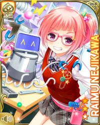 Rule 34 | 1girl, :o, blue bow, bow, character name, clenched teeth, closed mouth, girlfriend (kari), glasses, hair ornament, holding, indoors, looking at viewer, medium hair, nejikawa raimu, official art, pink hair, pocket, purple eyes, qp:flapper, red vest, robot, scrapbook, shoes, sneakers, solo, standing, tagme, teeth, twintails, vest, wire, aged down
