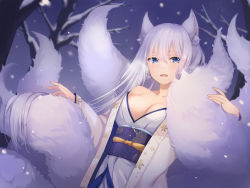 Rule 34 | 1girl, animal ear fluff, animal ears, bare shoulders, blue eyes, blurry, blurry background, breasts, breath, cleavage, depth of field, fox ears, fox tail, hair between eyes, highres, japanese clothes, kimono, kon (k0n16), large breasts, light purple hair, long hair, multiple tails, non-web source, obi, off shoulder, original, outdoors, sash, sidelocks, snowing, solo, tail