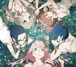 Rule 34 | 10s, 5girls, aqua eyes, blue eyes, blue hair, blush, brown hair, circle formation, closed eyes, darling in the franxx, dress, flower, glasses, grass, green hair, hair flower, hair ornament, hairclip, half-closed eyes, hand in own hair, highres, holding hands, horns, ichigo (darling in the franxx), ikuno (darling in the franxx), interlocked fingers, kokoro (darling in the franxx), long hair, lying, miku (darling in the franxx), multiple girls, official art, on back, on stomach, open mouth, pink hair, short hair, smile, twintails, zero two (darling in the franxx)