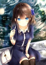 Rule 34 | 1girl, abstract background, arm up, bag, bench, between legs, black thighhighs, blue dress, blue eyes, blush, breasts, brown hair, collarbone, commentary request, crossed legs, dress, hair between eyes, hair ribbon, hand between legs, handbag, heart, heart necklace, highres, light smile, looking at viewer, medium hair, necklace, original, renka (cloudsaikou), ribbon, short sleeves, side ponytail, sitting, small breasts, solo, thighhighs, wristband