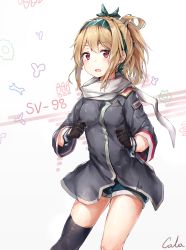 Rule 34 | 1girl, absurdres, artist name, asymmetrical legwear, black cola, blonde hair, character name, cowboy shot, girls&#039; frontline, gloves, hairband, highres, long hair, looking at viewer, ponytail, red eyes, russian flag, scarf, shorts, single thighhigh, solo, sv-98 (girls&#039; frontline), thighhighs, uneven legwear
