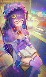 Rule 34 | 1girl, bad perspective, bad proportions, bespectacled, book, bookshelf, breasts, capelet, cleavage, crescent, crescent hair ornament, dress, foot out of frame, from above, glasses, hair ornament, hat, highres, holding, indoors, kiramarukou, lamp, library, long hair, long sleeves, nail polish, one eye closed, open book, patchouli knowledge, purple eyes, purple hair, sitting, sleeping, solo, striped clothes, striped thighhighs, thighhighs, touhou, very long hair