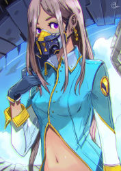 Rule 34 | 1girl, absurdres, blue sky, day, earrings, gas mask, gloves, grey hair, highres, jewelry, long hair, looking at viewer, mask, midriff, okuto, original, purple eyes, signature, sky, solo, standing, uniform
