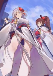 Rule 34 | 2girls, aiguillette, azur lane, black gloves, blue eyes, blue sky, blush, breasts, brown hair, butt crack, cleavage, closed mouth, dress, expressionless, from below, gloves, gluteal fold, hair ornament, half-closed eyes, hand in own hair, hand on own hip, hand up, highres, hood, hood down, japanese clothes, kimono, large breasts, long hair, looking at viewer, mole, mole under eye, multiple girls, partially fingerless gloves, ponytail, red cucumber, ribbon, shoukaku (azur lane), silver hair, sky, smile, tassel, thighhighs, very long hair, wide sleeves, zuikaku (azur lane)