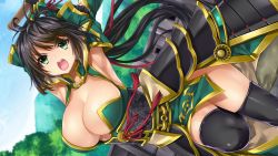 Rule 34 | 1girl, armpits, arms up, black hair, black legwear, bouncing breasts, breasts, character request, cleavage, fighting, game cg, green eyes, huge breasts, japanese clothes, legs, long hair, looking at viewer, mountain, open mouth, ponytail, sangoku hime 3 yuugi kyouka hen, sky, solo, thighs, weapon