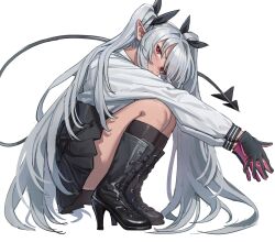 Rule 34 | 1girl, absurdres, black skirt, blue archive, boots, dark-skinned female, dark skin, demon tail, grey hair, high heel boots, high heels, highres, hongchamashu, iori (blue archive), long hair, pointy ears, red eyes, shirt, skirt, squatting, tail, twintails, two-tone gloves, very long hair, white background, white shirt