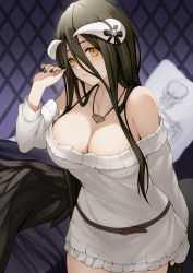 Rule 34 | 1girl, albedo (overlord), banned artist, bare shoulders, black hair, black nails, bra strap, breasts, cleavage, collarbone, cowboy shot, dress, hair between eyes, hand up, horns, kyoeiki, large breasts, long hair, long sleeves, looking at viewer, nail polish, off-shoulder dress, off-shoulder sweater, off shoulder, overlord (maruyama), short dress, solo, standing, sweater, sweater dress, very long hair, white dress, white sweater, yellow eyes