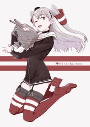 Rule 34 | 10s, ;d, amatsukaze (kancolle), bad id, bad twitter id, brown eyes, choker, dress, english text, from side, full body, garter straps, gloves, grey background, grey hair, hair tubes, hairband, hat, heart, high heels, jumping, kantai collection, legs folded, legs up, long sleeves, looking at viewer, mini hat, hugging object, ojipon, one eye closed, open mouth, red thighhighs, rensouhou-kun, sailor dress, short dress, simple background, single glove, smile, solo, thighhighs, two side up, white gloves, zettai ryouiki