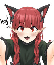 Rule 34 | 1girl, :3, :d, animal ear fluff, animal ears, artist name, black bow, blunt bangs, blush, bow, braid, cat day, cat ears, commission, dress, english text, extra ears, face, fang, foreshortening, green dress, hair bow, hair over shoulder, hair ribbon, highres, kaenbyou rin, long hair, looking at viewer, low twintails, nyaxxy, open mouth, pointy ears, red eyes, red hair, ribbon, simple background, smile, solo, touhou, tress ribbon, twin braids, twintails, white background