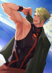 Rule 34 | 1boy, achilles (fate), achilles (fearless diver) (fate), armpits, black shirt, black wristband, blue sky, brown eyes, cloud, dutch angle, fate/grand order, fate (series), goggles, goggles around neck, green hair, green jacket, hair between eyes, haruakira, highres, jacket, male focus, muscular, muscular male, open mouth, orange pants, outdoors, pants, shirt, short hair, sky, sleeveless, sleeveless shirt, solo, teeth, undercut