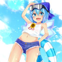 Rule 34 | 1girl, :d, absurdres, alternate costume, blue bow, blue eyes, blue hair, blue shorts, blue sky, bow, breasts, buoy, cirno, cloud, denim, denim shorts, eyewear on head, fang, flower, from below, hair between eyes, hair bow, highres, ice, ice wings, jemen, lifebuoy, light particles, looking at viewer, navel, open mouth, outdoors, see-through, see-through shirt, shirt, short hair, shorts, sky, small breasts, smile, solo, standing, sunflower, swim ring, tank top, tanned cirno, touhou, white tank top, wings