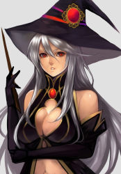 Rule 34 | 1girl, bad id, bad pixiv id, breasts, cleavage, cleavage cutout, clothing cutout, elbow gloves, gloves, hat, large breasts, long hair, navel, original, red eyes, sasaki ryou, silver hair, sleeveless, solo, wand, witch hat