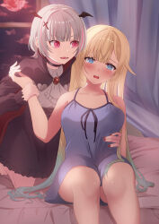 Rule 34 | 2girls, @ @, absurdres, aizawa ema, ascot, asumi sena, bare shoulders, barefoot, bed, black cape, black choker, black skirt, blonde hair, blue eyes, blue hair, blue nightgown, blunt bangs, blush, cape, choker, cloud, cross hair ornament, curtains, drawstring, fangs, gradient hair, grey hair, hair flaps, hair ornament, hand on another&#039;s waist, head wings, high-waist skirt, highres, holding another&#039;s wrist, indoors, ju ki a, long hair, looking at another, looking at viewer, mini wings, moon, multicolored hair, multiple girls, night, nightgown, on bed, open mouth, pink hair, red cape, red moon, red nails, ringed eyes, shirt, short hair, sitting, skirt, streaked hair, tearing up, two-tone cape, vampire, very long hair, virtual youtuber, vspo!, white shirt, window, wings, yuri