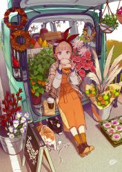 Rule 34 | 1girl, :t, absurdres, animal, ankle boots, blonde hair, blouse, blue eyes, blunt bangs, boots, cat, cheek bulge, cheese, cherico, chinese lantern (plant), eating, female focus, flower, food, hairband, high heel boots, high heels, highres, holding, holding food, kneehighs, motor vehicle, original, plant, potted plant, sandwich, shirt, shoe soles, shoes, sitting, socks, solo, tomato, van, white shirt, wreath, yellow socks