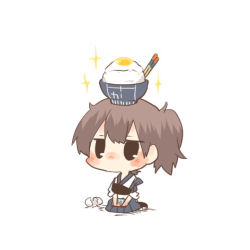 Rule 34 | 10s, 1girl, black eyes, blush, bowl, brown hair, chibi, chopsticks, egg, eggshell, food, food on head, kaga (kancolle), kantai collection, lowres, object on head, rebecca (keinelove), rice, rice bowl, short hair, side ponytail, simple background, sitting, solo, sparkle, white background