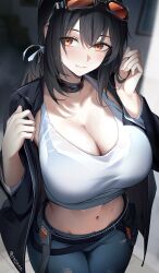 1girl black_hair breasts cleavage glasses_on_head grace_howard indoors large_breasts looking_at_viewer orange_eyes re0n solo zenless_zone_zero