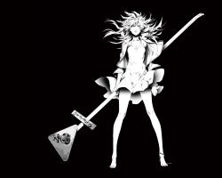 Rule 34 | 1girl, album cover, barefoot, black background, breasts, circle name, cleavage, clothes lift, cover, dress, expressionless, floating hair, full body, greyscale, heart, holding, jacket, long hair, looking at viewer, miwa shirow, monochrome, official art, original, road sign, sign, simple background, skirt, skirt lift, solo, standing, supercell (band)