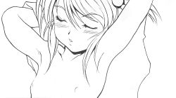 Rule 34 | 1girl, armpits, arms behind head, arms up, artist request, blush, coquelicot (sakura taisen), closed eyes, flat chest, highres, monochrome, nipples, nude, parted lips, sakura taisen, sega, solo, twintails, undressing