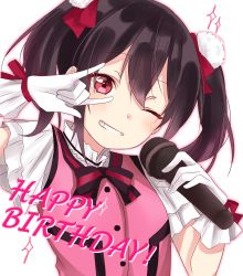 Rule 34 | 1girl, \m/, bad id, bad pixiv id, black bow, black hair, blush, bow, bowtie, commentary request, dot nose, face, gloves, hair bow, hanamame, happy birthday, highres, holding, holding microphone, long hair, looking at viewer, love live!, love live! school idol project, microphone, multicolored bow, multicolored neckwear, one eye closed, parted lips, red bow, red eyes, red ribbon, ribbon, short sleeves, simple background, smile, twintails, white background, white gloves, yazawa nico