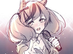Rule 34 | 1girl, animal ears, blush, bow, hair bow, holding, holding microphone, horse ears, jacket, looking at viewer, microphone, multicolored hair, nice nature (umamusume), nose blush, open clothes, open jacket, open mouth, ouri (aya pine), pointing, pointing at viewer, sketch, solo, sparkle, streaked hair, sweat, twintails, umamusume, upper body