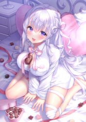 Rule 34 | 1girl, :d, bandaged leg, bandages, between legs, blush, bow, box, box of chocolates, braid, breasts, candy, chocolate, chocolate heart, collared shirt, commentary request, dress shirt, food, food between breasts, grey hair, hair between eyes, hair ribbon, hand between legs, heart, heart-shaped box, heart-shaped pillow, highres, indie virtual youtuber, indoors, large breasts, long hair, long sleeves, looking at viewer, naito mare (vtuber), on bed, open mouth, pillow, pink bow, purple eyes, ribbon, romaji text, shirt, smile, solo, valentine, very long hair, virtual youtuber, white ribbon, white shirt, yuyuko (yuyucocco)