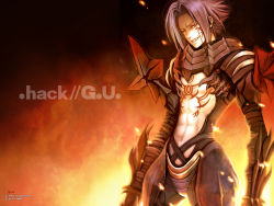 Rule 34 | .hack//, .hack//g.u., 00s, 1boy, 2007, abs, armor, bandai, biwa, biwa (illustrator), copyright name, cyber connect 2, fang, fire, grey hair, grin, haseo, haseo (.hack//), male focus, red eyes, smile, solo, tattoo, wallpaper